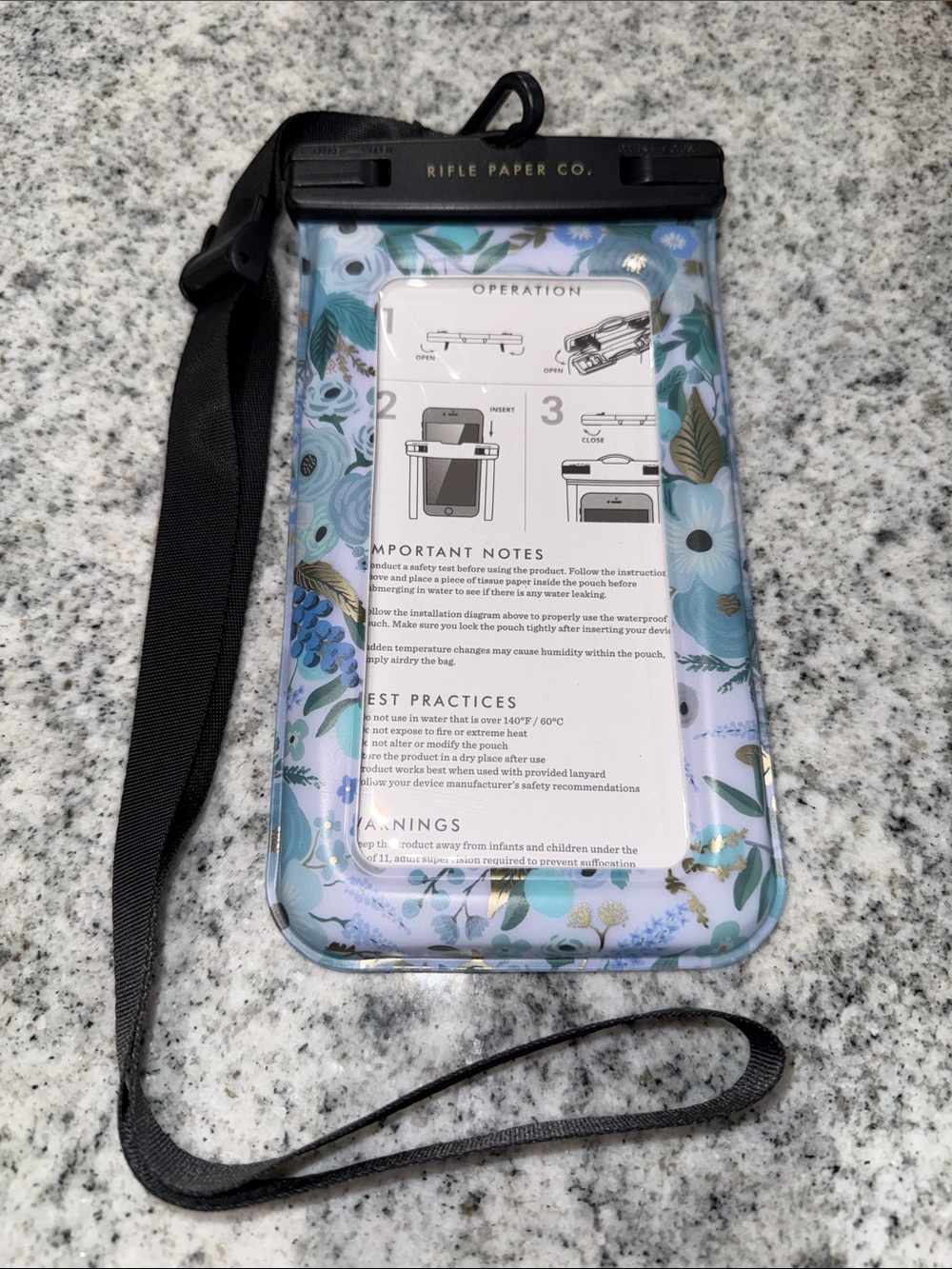 Rifle Paper Co. Floral Waterproof Phone Pouch - Light Blue & Gold Accents
